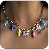YLZDPDM Charm Necklace for Women,Delicate Seashell Charms Stainless Steel Necklace for Women, Gold Chain with Tropical Fish, Starfish, Conch Cute Summber Beach Jewelry Gifts
