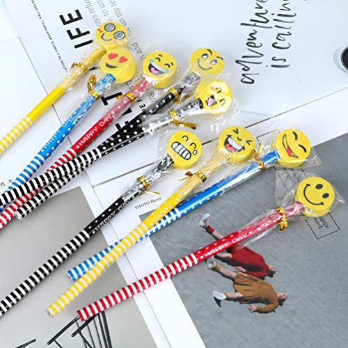 Kids Wooden Pencils Colorful Stripe Pencil With Cute Cartoon Smiley Face Eraser for School Supplies and Children Prize Gifts 9 Pack By BUSHIBU - Thumbnail 6
