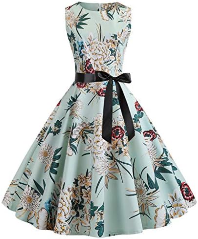 Women Vintage 1950s Retro Rockabilly Prom Dresses Casual Sleeveless O Neck Print Evening Party Prom Swing Dress