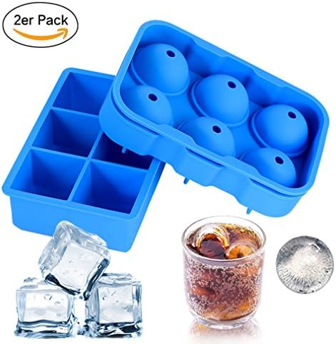Mr Van Silicone Ice Cube Trays,2 Pack of Giant Ice Cube Molds, Sphere Round Ice Ball Maker with Funnel, Large Square Ice Cube Mold for Chilling Whiskey, Cocktail, Beverages,BPA free and FDA Certified
