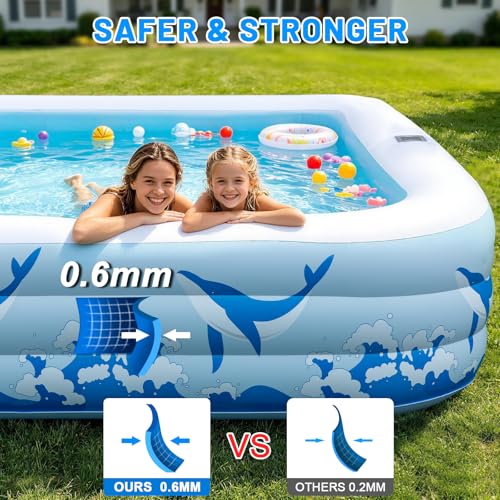 Large Inflatable Swimming Pool with Light, 12FT X 6.2FT Solar Blow Up Pool Inflatable Pool for Kids Adults, Durable Thickened 7 Color Family Kiddie Pool for Backyard Outdoor