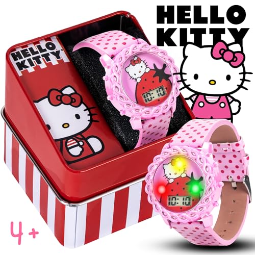 Accutime Hello Kitty Kids Digital Watch with LED Display, Pink Polka Dot PU Leather Strap, Adorable Strawberry Design, Fun Light-Up Feature, Durable & Adjustable Fit for Wrist Sizes 5.5