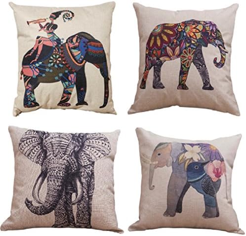 LGNL 4PCS Cotton Linen Square Decorative Throw Pillow Case Cushion Cover 18" x 18" Elephant Series
