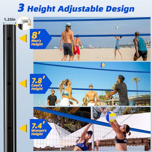 Professional Outdoor Volleyball Net Set with Adjustable Poles & Anti-Sag Design, Portable Volleyball Net Includes Beach Fixed Plate, Scoreboard, Boundary Line & Carry Bag for Backyard Beach