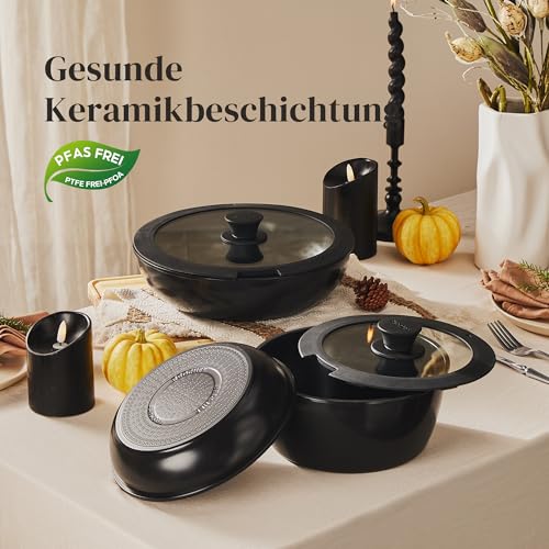 Redchef Pan Set, 16 Pieces with Removable Handles, Non-Stick Ceramic Cookware Set, Pan 20 + 26 cm, Deep Frying Pan 26 cm, Pot 18 + 20 cm, Stackable Pot Set for All Hobs, Oven Safe