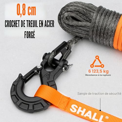 Shall Towing Straps & Ropes, Synthetic Winch Rope 1/4" x 50' (7.6mm x 15m), 5 Ton (10,000 LB), with Protective Sleeve, Forged Winch Hook and Safety Strap