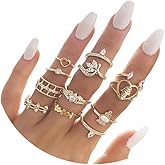 ZZ ZINFANDEL 12Pcs Gold Heart Flower Knuckle Rings Set for Women,Boho Heart Love Crown Stackable Finger Chunky Rings.Adjustable Open Rings Band Jewelry