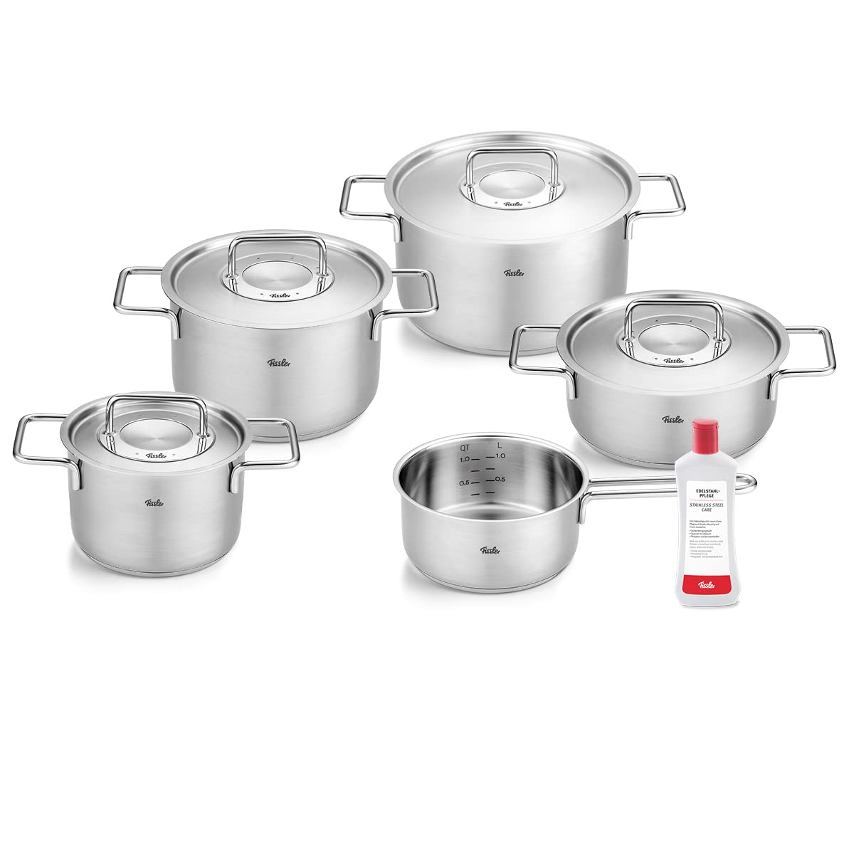 Fissler Pure Collection/Edelstahl-Kochtopfset, 6-teilig, Töpfe mit Metall-Deckel (3 Kochtöpfe,1 Bratentopf 1 Stielkasserolle 1 Edelstahlpflege) - Induktion, Silber