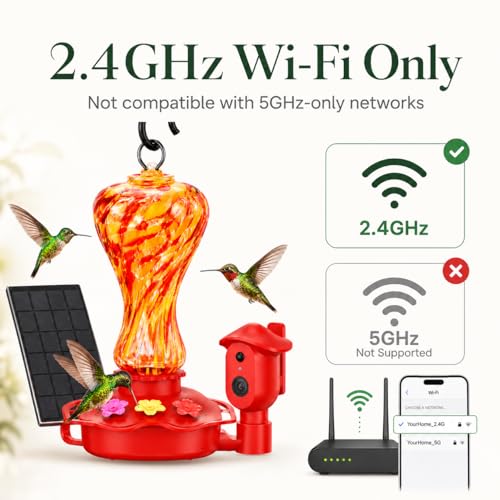Smart Glass Hummingbird Feeder with Camera, 2K HD Live View, 2.4GHz WiFi Only, Solar-Assisted Outdoor Bird Feeder, App Motion Alerts, AI Bird ID, Ant Moat, Easy Clean Drip-Resistant Nectar Feeder