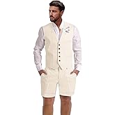 Dsteng Mens Linen Suit 2 Piece Short Suits for Men Casual Summer Beach Wedding Suit Linen Vest Shorts Set