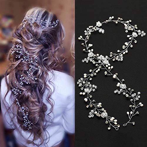 Brishow Bride Wedding Headband Crystal Pearl Beaded Hair Vine Rhinestone Bridal Hair Accessories for Women and Girls (Silver)