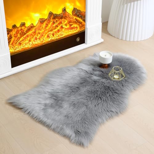 Photo 1 of CKLZSAY Faux Fur Sheepskin Rug Super Soft Fluffy Plush Area Rug Bedroom Floor Children's Room Sofa Cushion Living Room Runners Bedside Rugs (Grey,2×3 ft Sheepskin)