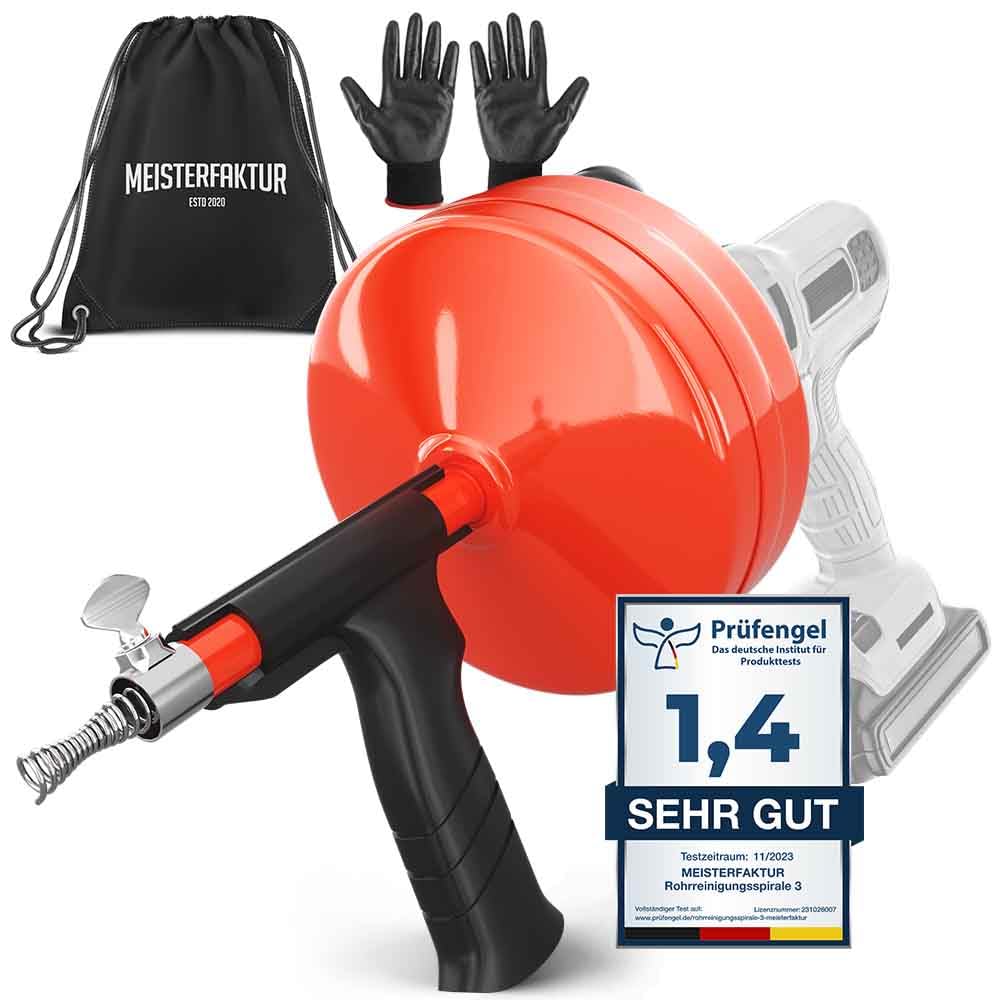 Meisterfaktur Pipe cleaning coil with metal drum [10M] - with drill attachment - ideal drain coil for environmentally friendly cleaning of pipes