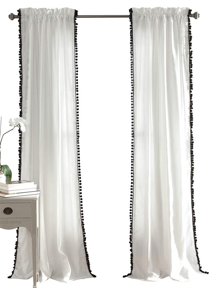Lush Decor, Black Pom Curtain | Textured, Solid Color Shabby Chic Style Window Panel for Living, Dining Room, Bedroom (Single), 95” x 50 White, 95" x 50"