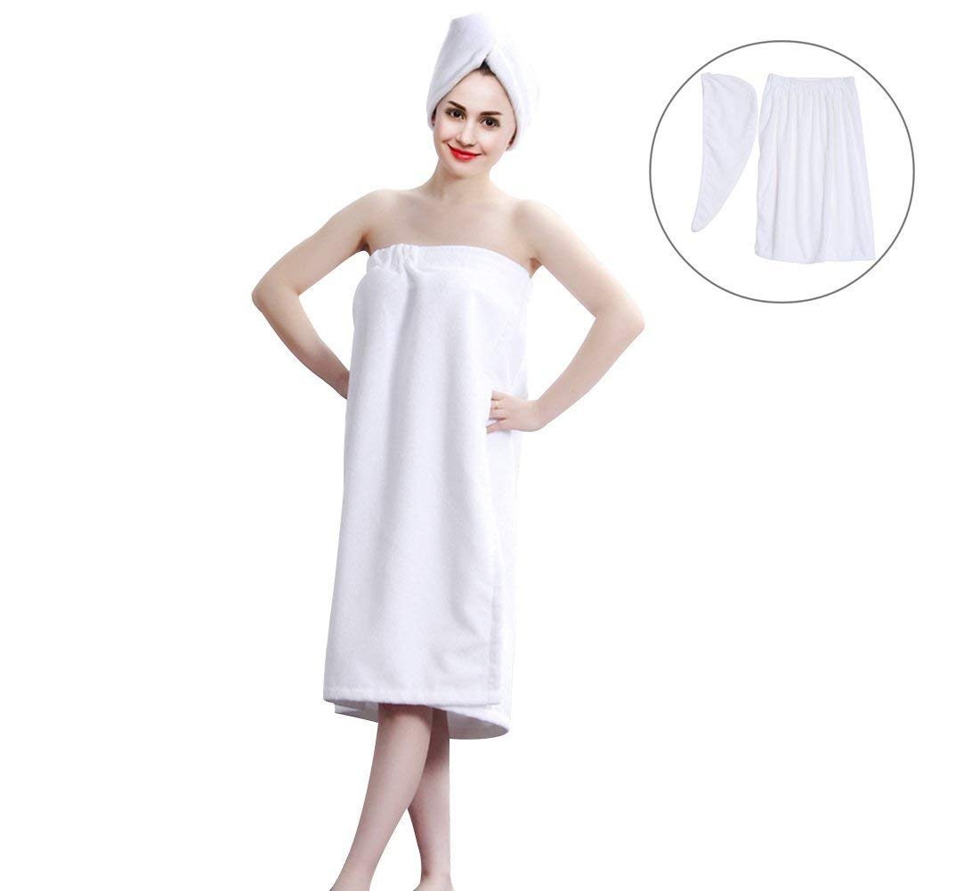 zjchao Bath Towels, Hair Wrap for Women Soft Sauna Bath Terry and Hair Drying Cap Luxury Turban with Magic Tape Sarong Towel 150 * 90cm (White)