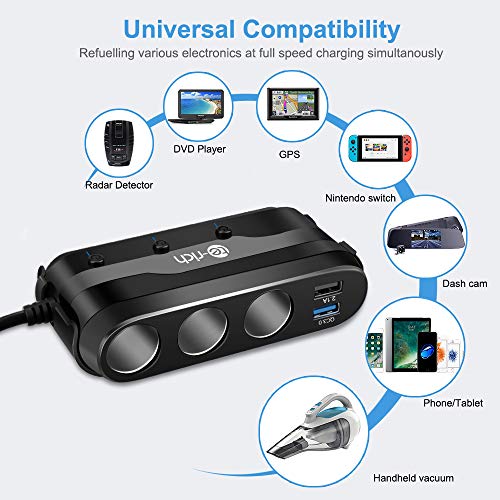 Te-Rich Quick Charge 3.0 & USB C 120W 3-Socket Cigarette Lighter Adapter, 12V/24V Car Power Outlet Splitter Multi Port USB Charger Compatible w/Nexus 6P, Pixel, Galaxy S9/S8/Note 8, iPhone X/8/8 Plus