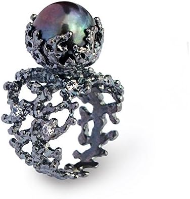 Oxidized Sterling Silver, Black Peacock Freshwater Cultured Pearl, White Cubic Zirconia CZ Gemstones Organic Ring, Size 4 to 13