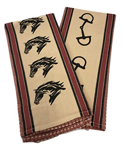 Horse Kitchen Dish Towels, Coordinating Set of 2, Waffle Cotton, Red with Tan, Horse Head and Bit Design