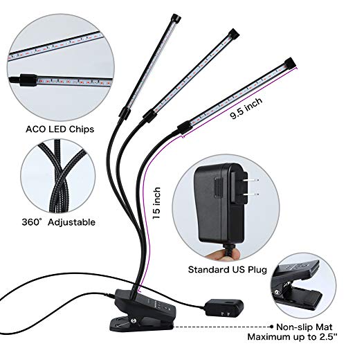 Grow Light, Plant Lights for Indoor Plants, Auto ON/Off Timing Plant Grow Lamp with Red, Blue Spectrum, 10 Dimmable Levels, 3-Head Divide Control Flexible Gooseneck Arm, 3/6/12H Memory Timer (30W)