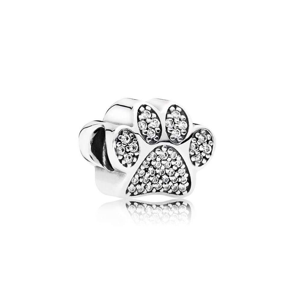 FGT Sparkling Paw Print Sterling Silver Charm fits Pandora Charms Bracelets Birthday Bead Gift for Women Daughter Dog Cat Pet Lover Clear CZ