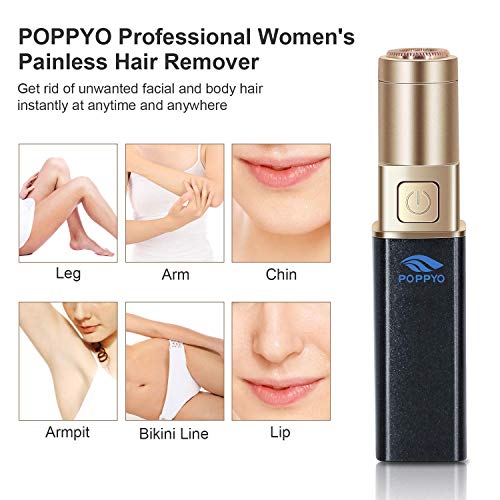 Facial Hair Removal for Women, POPPYO Painless Hair Remover Ladies Mini Travel Size Hair Trimmer for Peach Fuzz, Chin Cheek Hair, Upper Lip Moustaches, Sideburns, Waterproof, Battery Powered