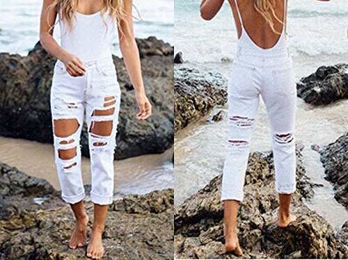 Happyear Women Hole Jeans High Waist Ripped Denim Skinny (S, White)