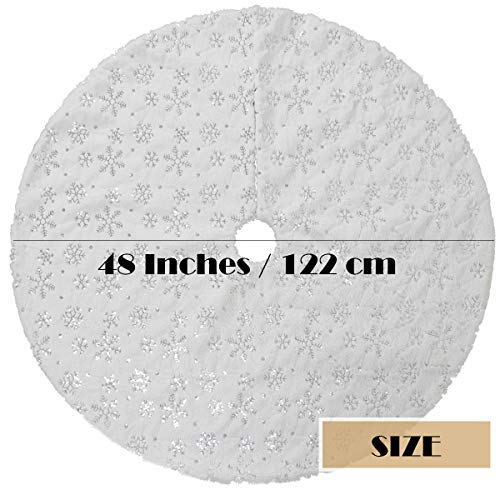 EDLDECCO 48 Inches Christmas Tree Skirt White Luxury Cozy Faux Fur Silver Snowflake Sequin Embroidered Double Layers Handicraft Xmas Decoration Holiday Ornaments