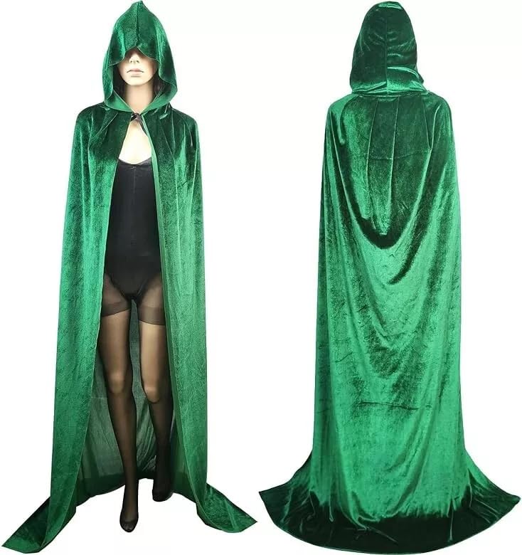 Yunzhou Unisex Adults Hooded Cloak Velvet Cape for Halloween Christmas Cosplay Costumes (Green,170 cm/66.9 inch)