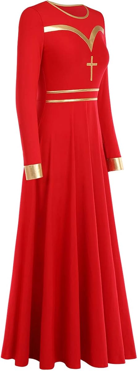 IBAKOM Liturgical Praise Dance Worship Long Dress for Women Metallic Gold Color Block Loose Fit Full Length Church Dancewear: Clothing