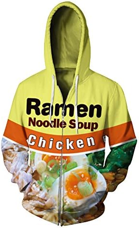 ISTider Men/Women 3D Noodle Soup Zipper Hoodies Winter Fleece Jacket Sweatshirt (S/M, Chicken Ramen)