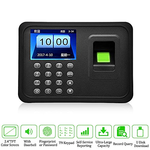 LIBO Biometric Fingerprint Time Attendance Machine Fingerprint Time Clock System, 2.4inch Screen, Support USB Record, 600 User Capacity