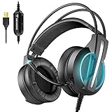 BENGOO GH1 Gaming Headset for PC, PS4 Gaming Console, USB 7.1 Surround Sound Gaming Headphones with Noise Canceling Mic, 4D Intelligent Vibration, Strong Bass, LED Light for Laptop Mac Games