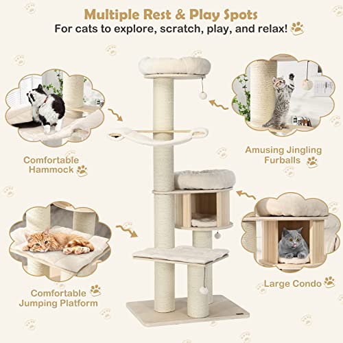 Tangkula Modern Cat Tree, MultiLevel Large Cat Tower w/Cat Condo, Hammocks & Hanging Basket