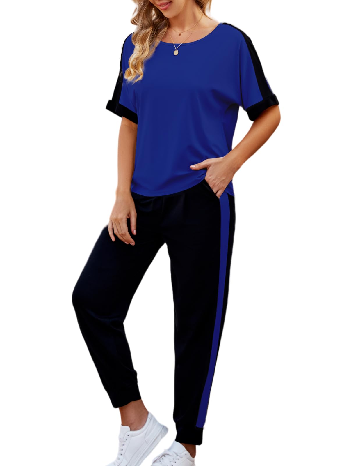 Photo 1 of VIMPUNEC Women 2 Piece Outfits Summer Casual Lounge Sets Soft Sweatsuits Trendy Matching Sets Royal Blue L