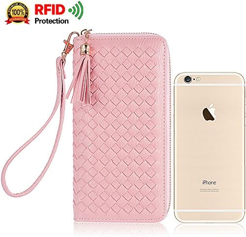 RFID Checkbook/Phone Tassel Zipper Clutch Wristlet Women Wallets, Multifunctional Fahion Design, Pink [KARNI SOUL]