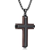 ROOCRYAN Wooden Cross Necklace for Men, Natural Ebony Wood with Black Stainless Steel, Mens Cross Necklace Adjustable 24-25 inch Box Chain
