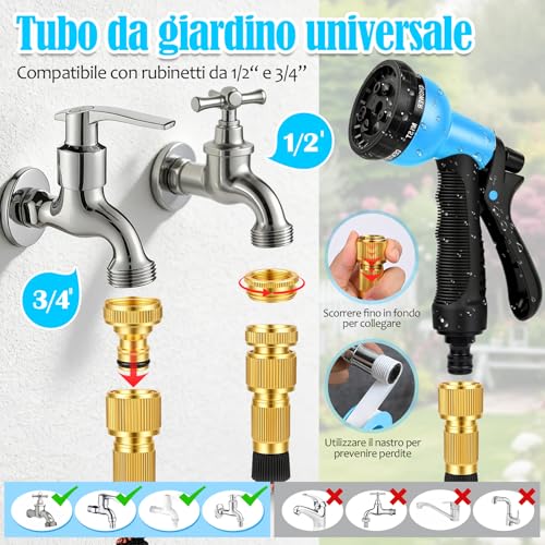 30M Extendable Flexible Garden Water Hose 8 Functions Spray Water Hose with 1/2" and 3/4" Brass Connector, Suitable for Car Wash, Garden, Lawn, Animal Baths (Blue)