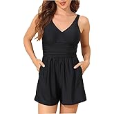 Smismivo Swim Romper One Piece Swimsuit Women Tummy Control Bathing Suits Modest Boyleg with Shorts V-Neck