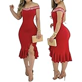 Ninimour Women Off Shoulder Party Dress Rhinestone Decor Slim Fit Ruffles Split Hem Cocktail Club Midi Dresses