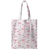 Jztco Preppy Tote Bag, Aesthetic Bows Strawberry Beach Bag, Cat Lovers Gifts for Women Sister, Reusable Grocery Bags
