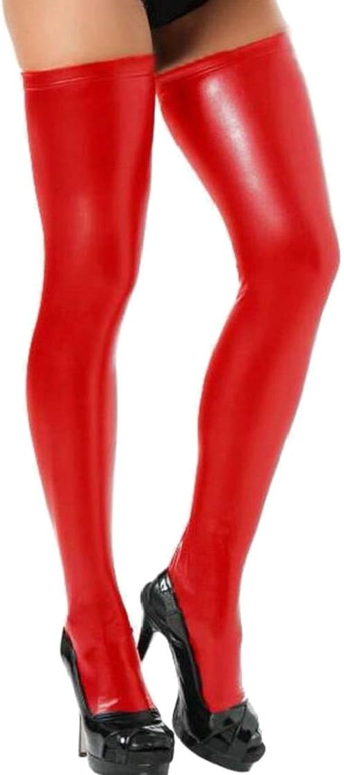 Alion Women's Spandex Latex Rubber Elastic Wet Look Thigh High Stockings Red L