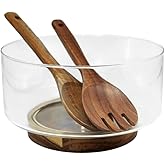 seicasaya 9" Glass Salad Bowl Set, with Acacia Wood Base and Utensils for Versatile Serving