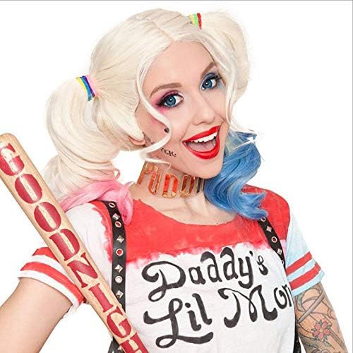 Kadaisi Harley Quinn Costume Blonde Wig with Two Long Curly Pink Blue Braids Hair Extensions for Part Cosplay