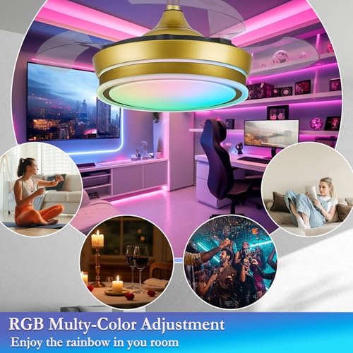 LumZeylith Ventilador de techo retráctil de 30 pulgadas con luz, RGB Modern Fandelier 6 velocidades, cuchillas reversibles, regulables, control remoto de aplicación, temporizador de memoria, dorado