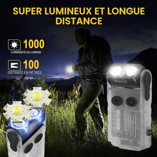 V20 Mini Lampe de Poche, Lampe Torche Rotatif à 180° avec UV 365nm, Alarme Buzzer 110dB, 1000 Lumen avec 13 Modes, IP67 étanche, pour le Camping la Randonnée(blanc)