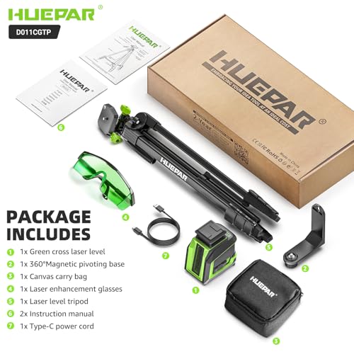360° Laser Level with 152m Tripod - Huepar 25m-50m Green Laser Self-Leveling + Pulse Mode - 3 Brightness Levels - Rechargeable Li-ion Battery - For Tile Installation, Indoor Decoration