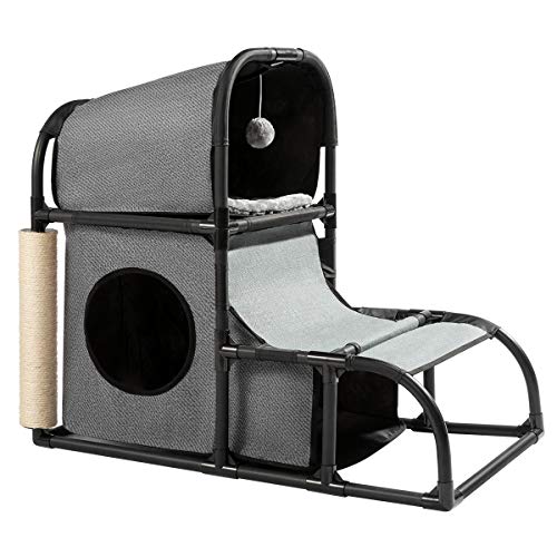 Hollypet 4 in 1 Multi-Functional Cat Activity Tree Condo Bed Furniture Durable Climber Stable Cat House with Scratching Post Dangling Toy Gray 27.6 Inch
