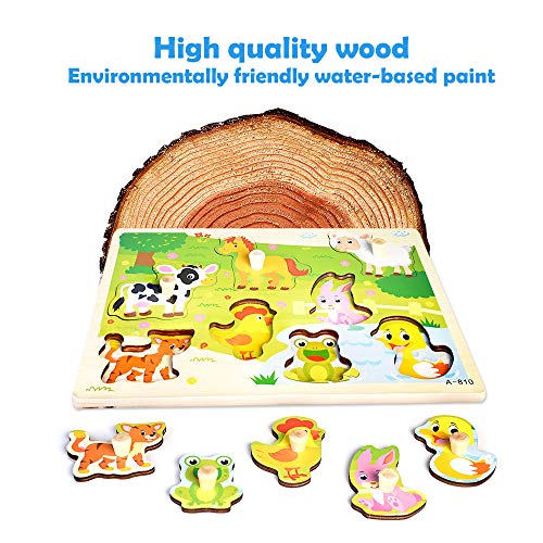 image for Blppldyci Kids Wooden Peg Puzzles Play Set, Animals Farm Pegged Learni