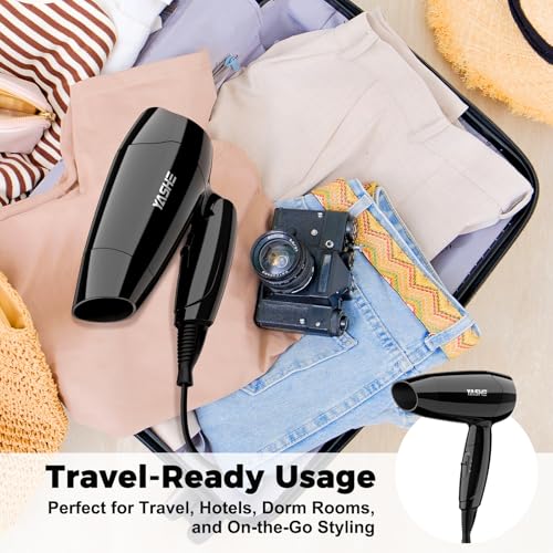 YASHE Mini Folding Hair Dryer, Compact Hair Dryer 1200W with 2 Heat and Speed Settings, Precision Spout, 1.8 m Cable, Lightweight for Travel, Home, Hotel or Dormitory, Black