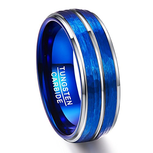 Vakki Blue Men's Tungsten Band Ring 8mm Hammered Brushed Domed Wedding Rings High Polished Grooved Step Edge Size 12